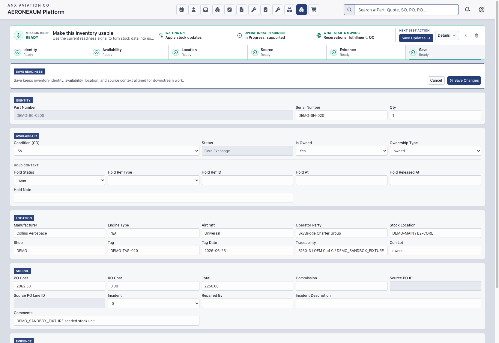 Aeronexum serialized inventory control screen