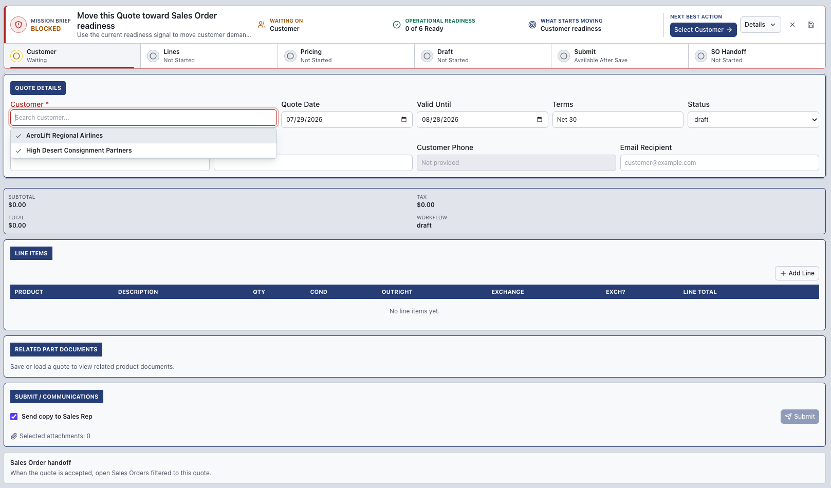 Aeronexum sales quote workspace with readiness tracking and guided next actions