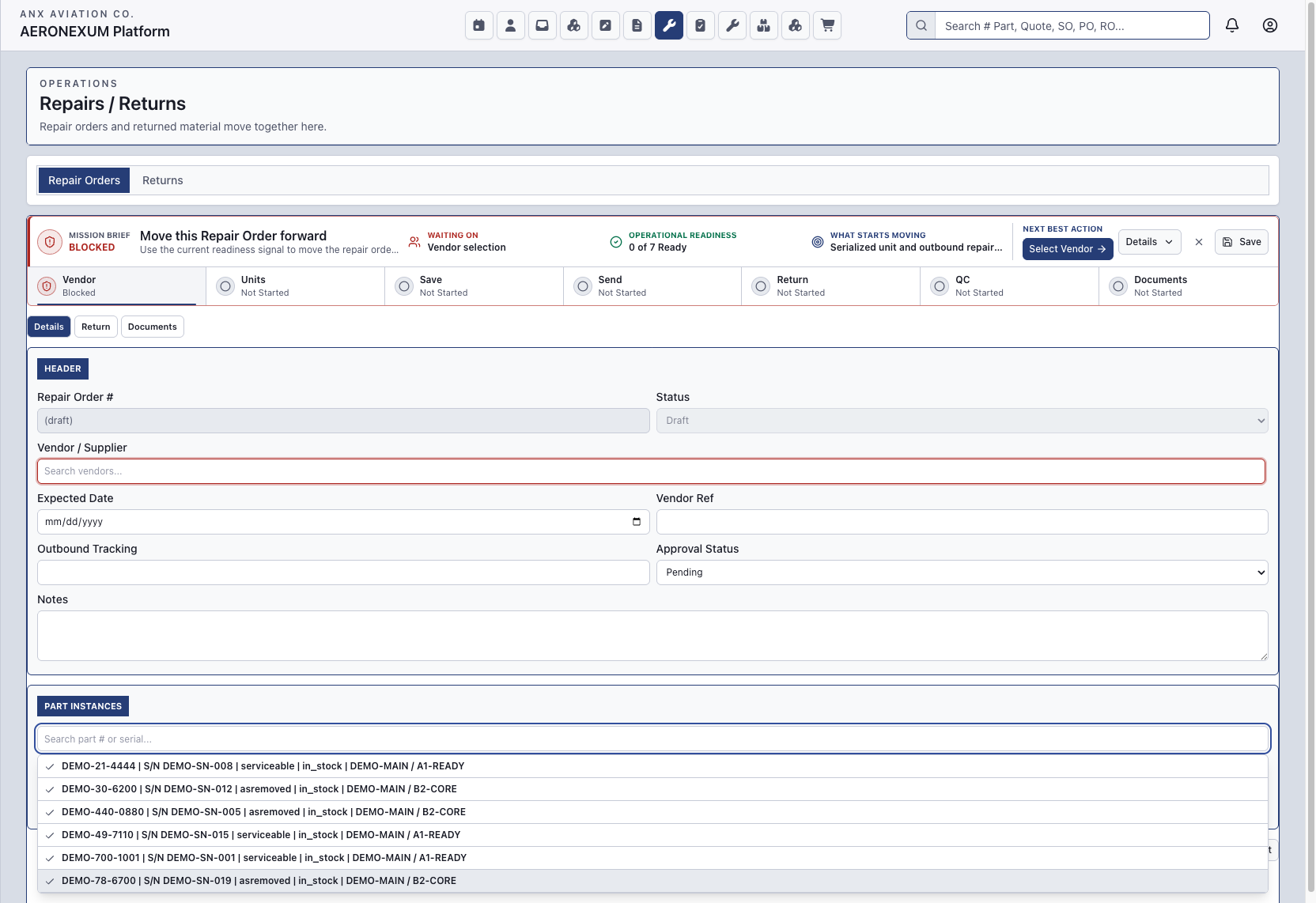 Aeronexum repairs and MRO work order screen