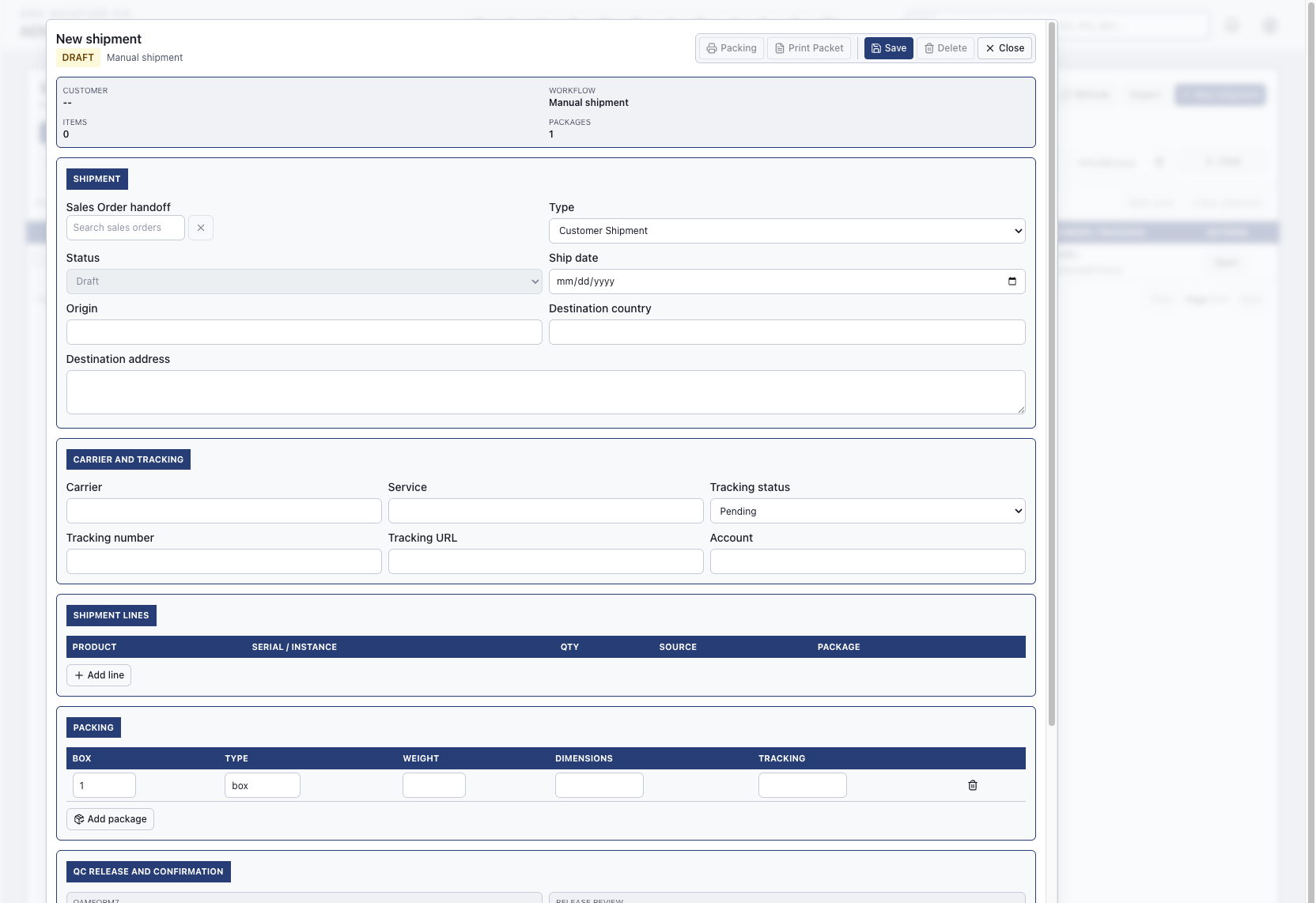 Aeronexum shipping and logistics screen